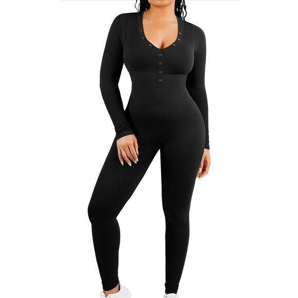NEW Long Sleeve Jumpsuit Bodycon Full Length Ribbed Romper XS/S - Picture 1 of 7